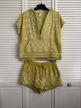 Anthropologie Lime Green Embroidered Hooded Top & Shorts Set